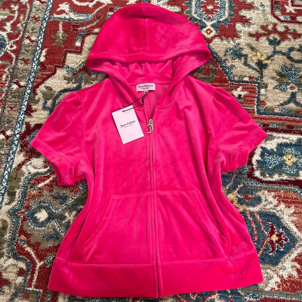 Juicy Couture Vibrant Pink Velour Zip Hoodie with Signature J Pull